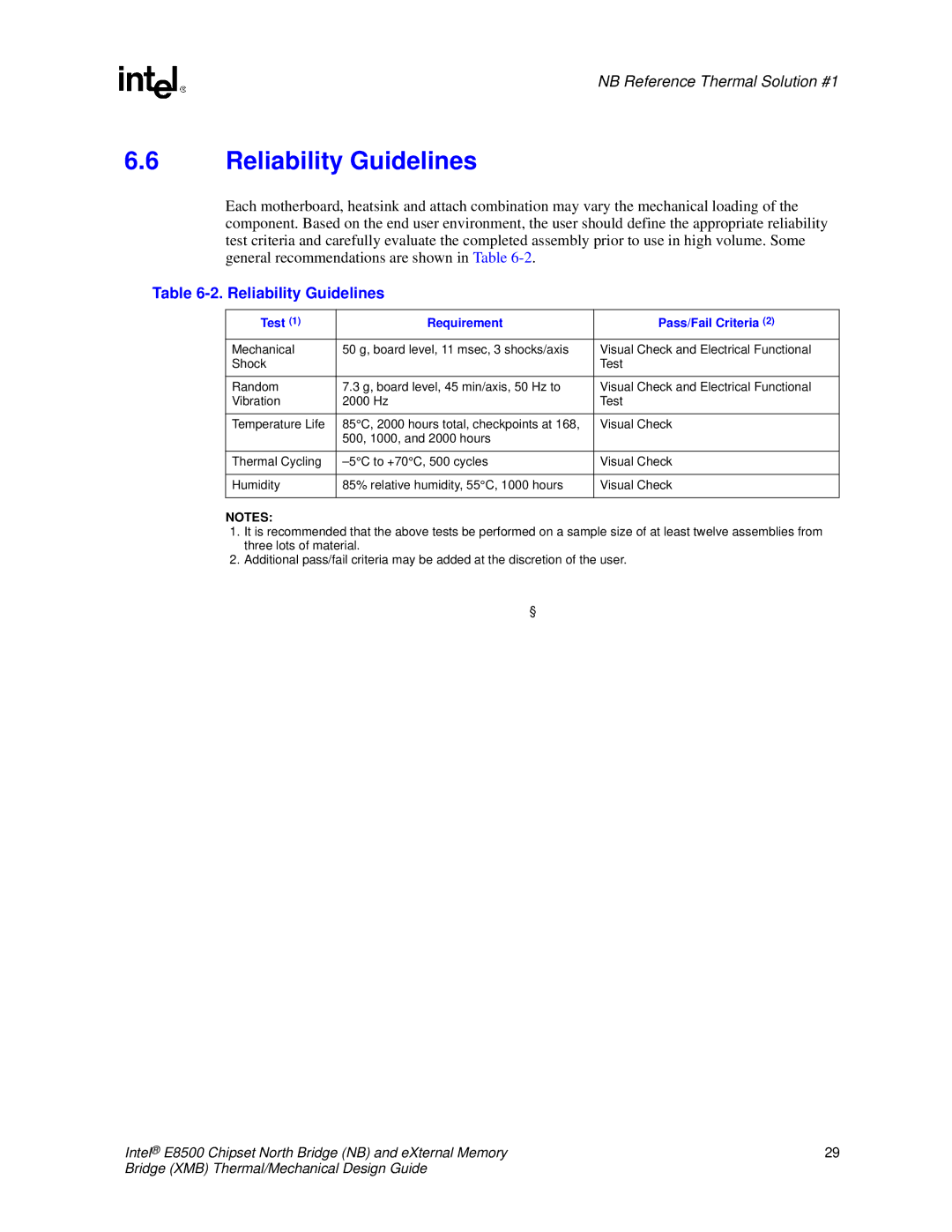 Intel E8500 manual Reliability Guidelines 