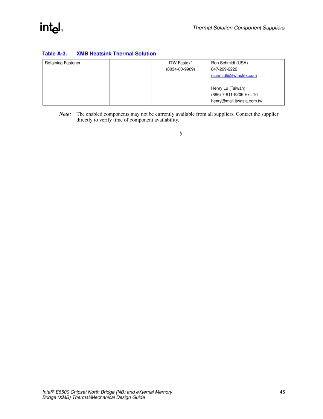 Intel E8500 manual Table A-3 XMB Heatsink Thermal Solution 