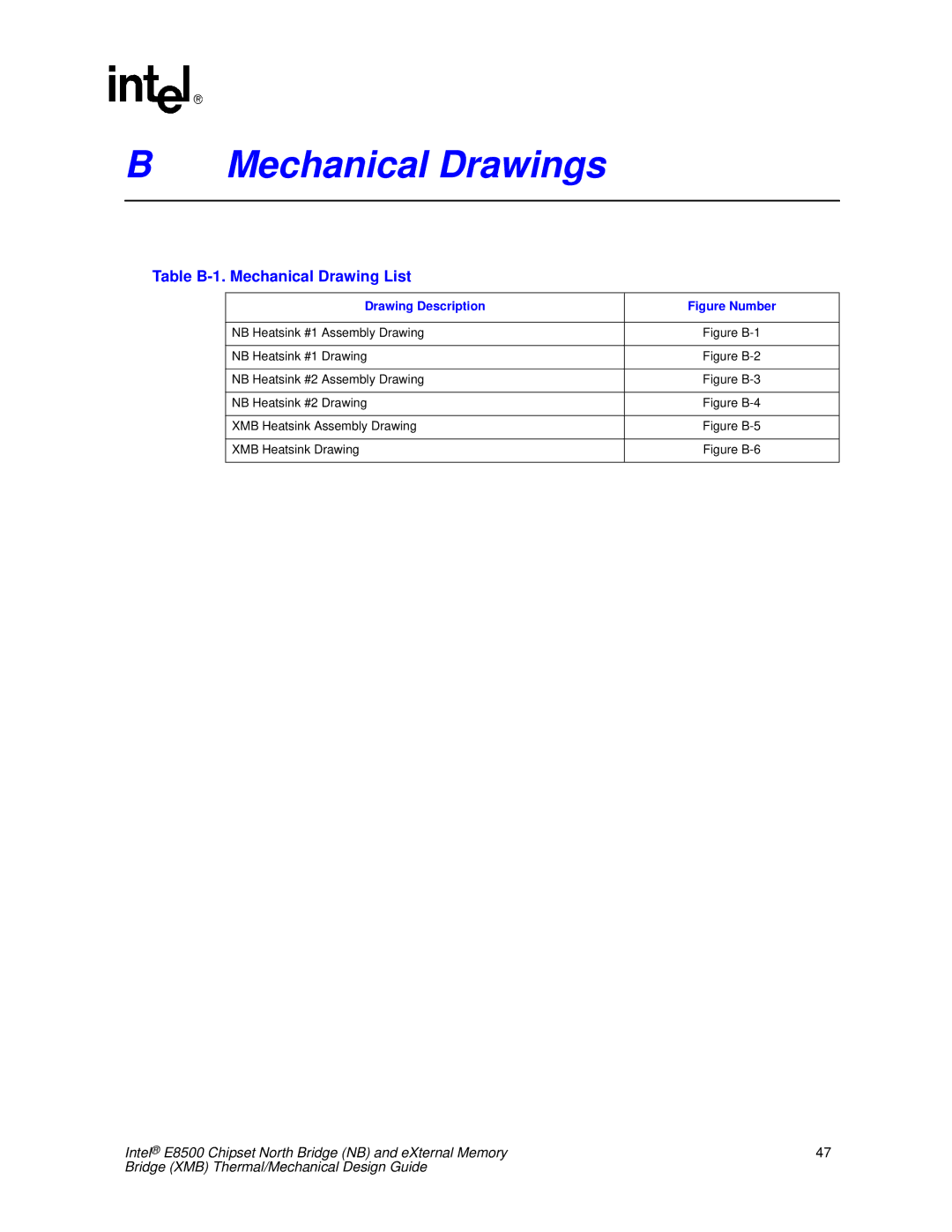 Intel E8500 manual Mechanical Drawings, Table B-1. Mechanical Drawing List 