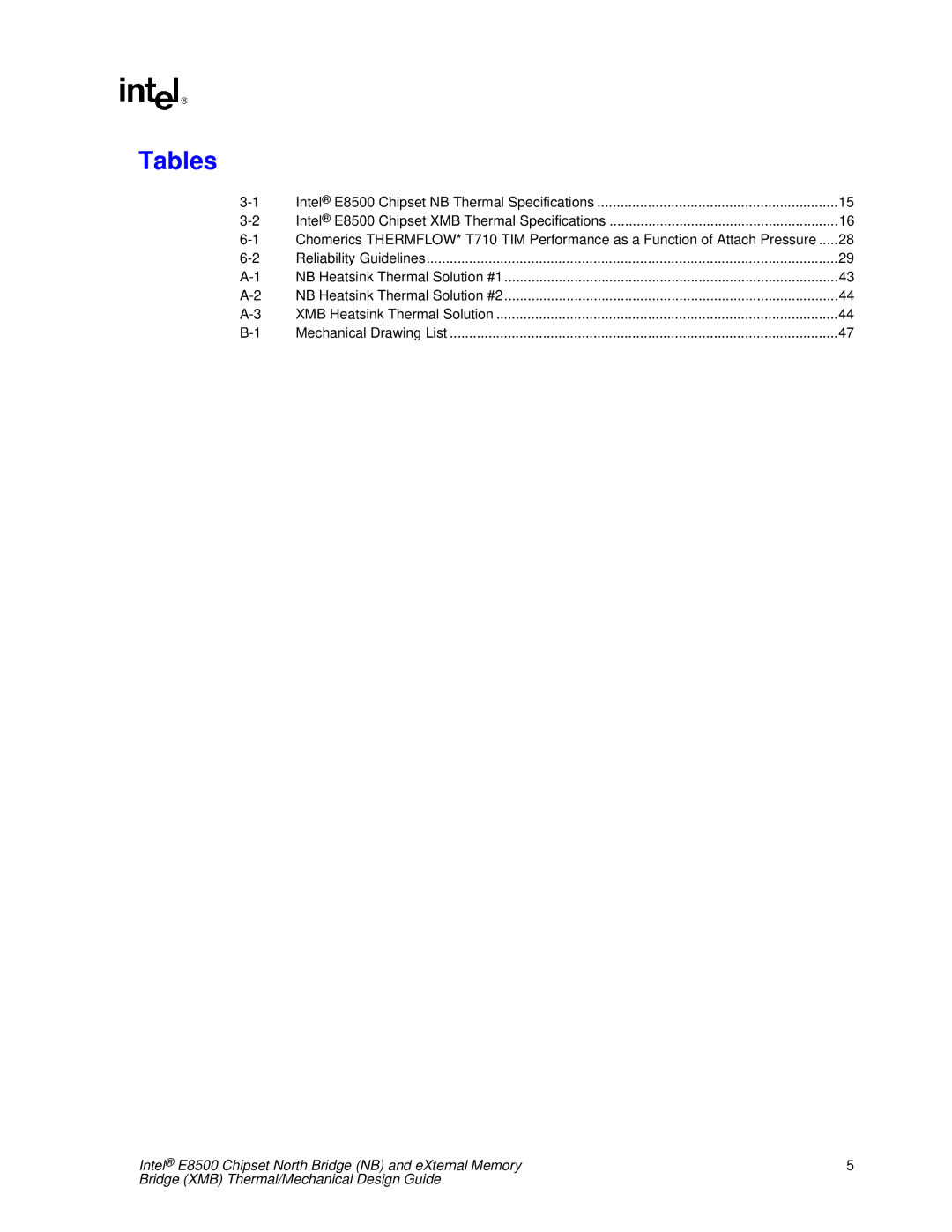 Intel E8500 manual Tables 