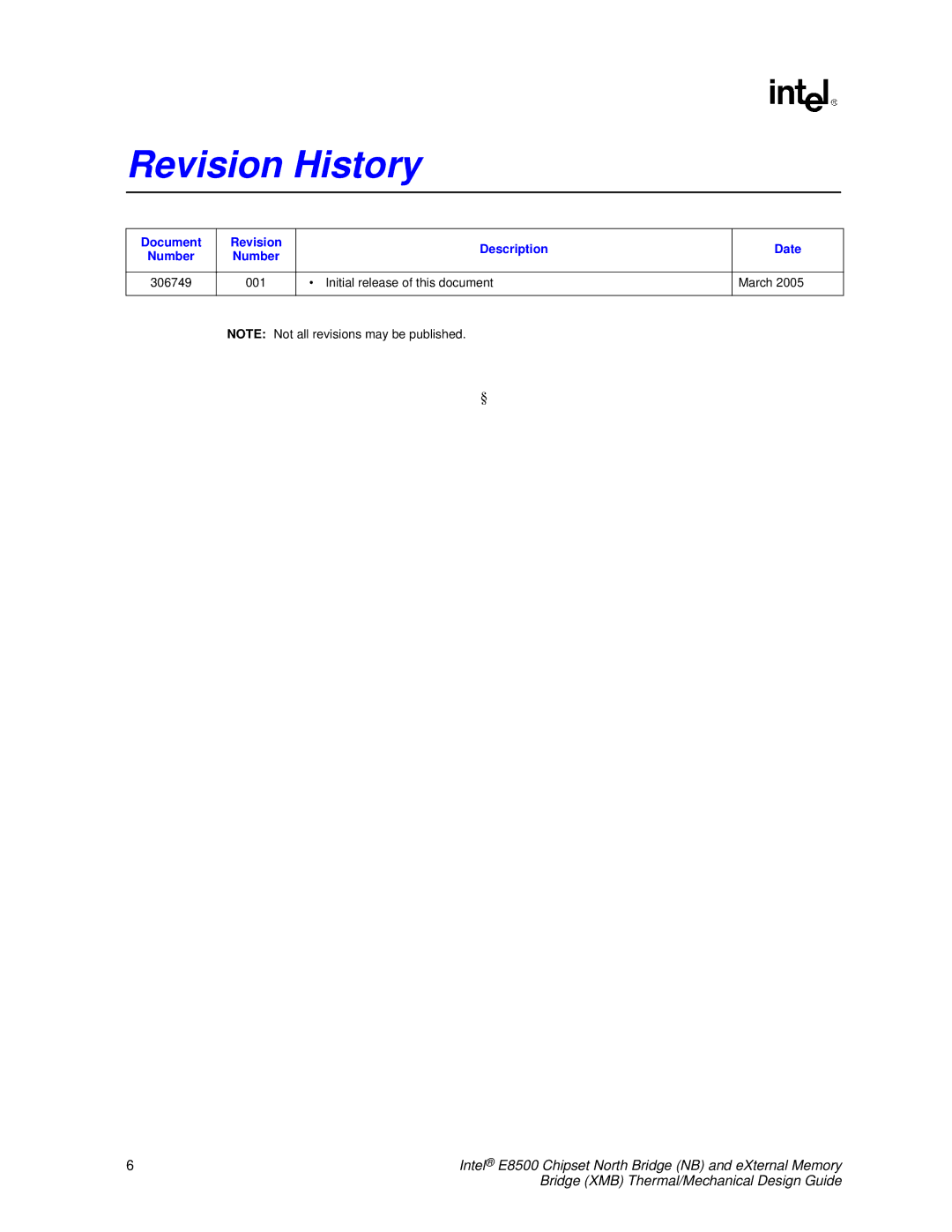 Intel E8500 manual Revision History 