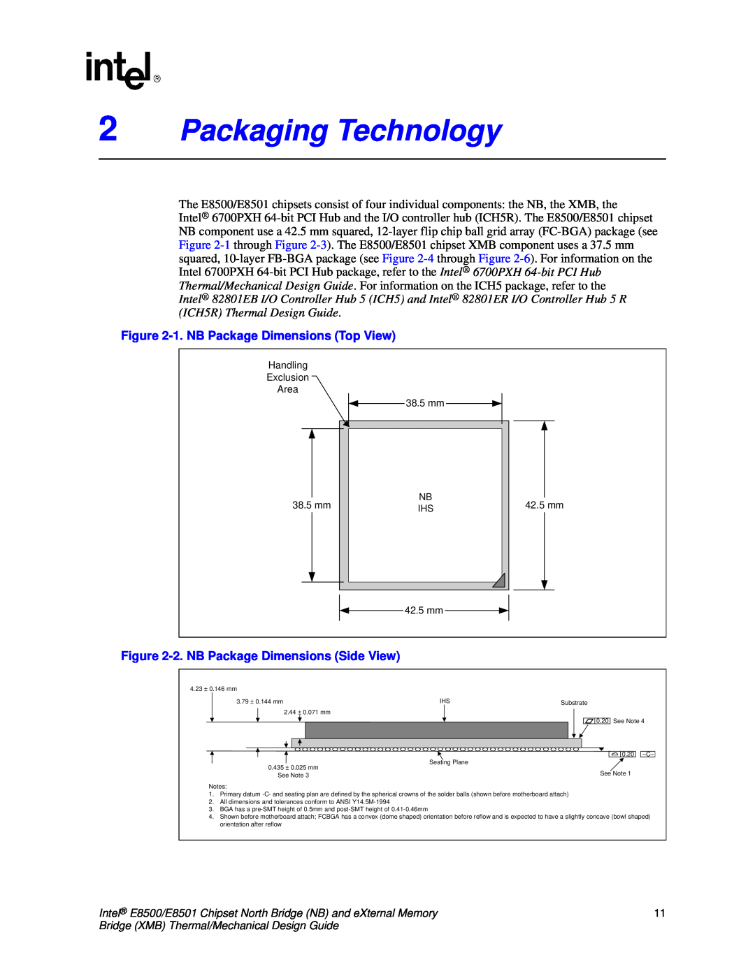 Intel E8501 manual 2Packaging Technology, 1.NB Package Dimensions Top View, 2.NB Package Dimensions Side View 