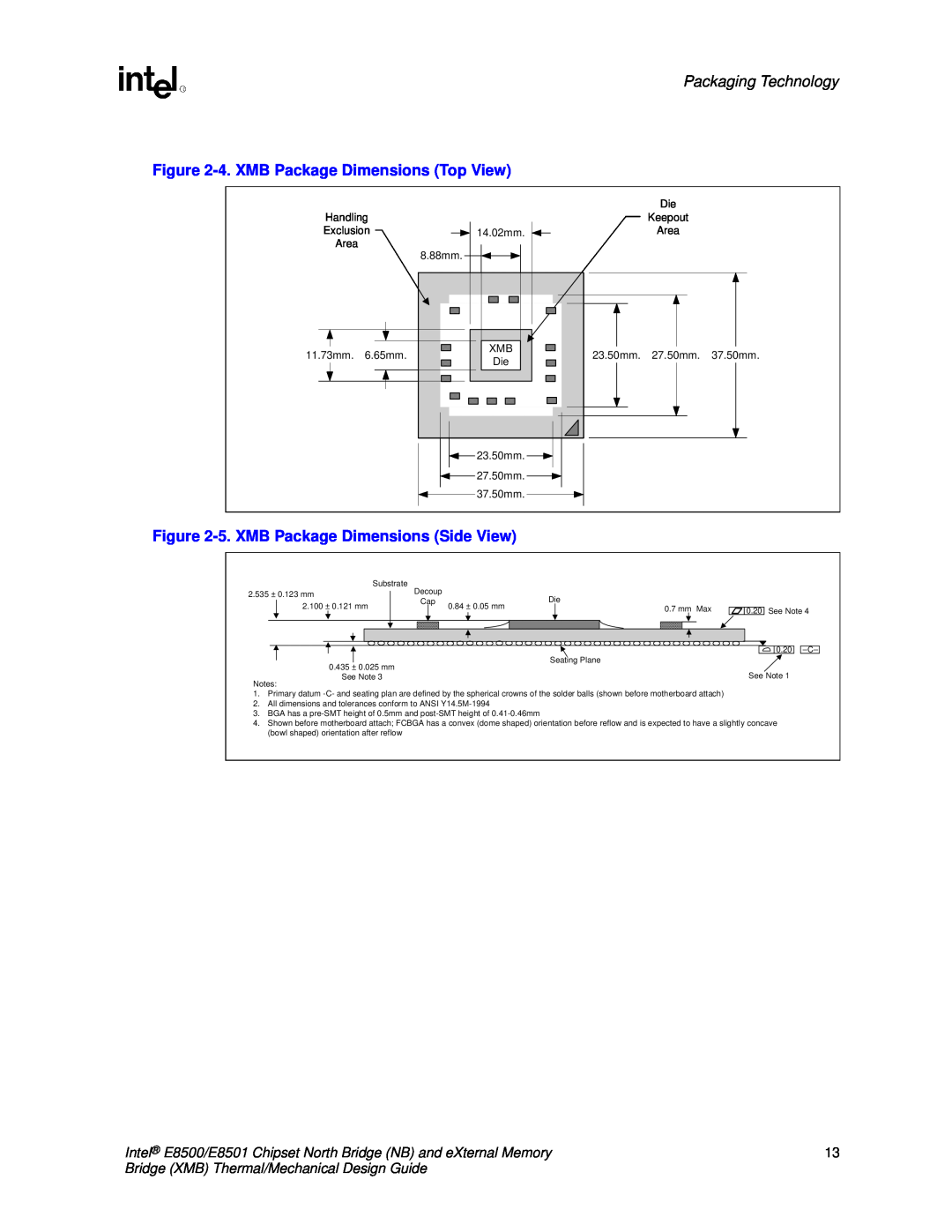 Intel E8501 manual Packaging Technology, 4.XMB Package Dimensions Top View, 5.XMB Package Dimensions Side View 