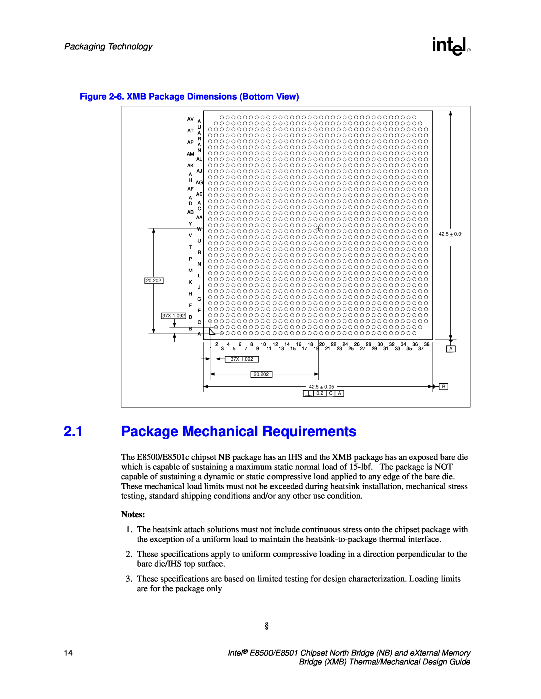 Intel E8501 manual 2.1Package Mechanical Requirements, Packaging Technology, 6.XMB Package Dimensions Bottom View 