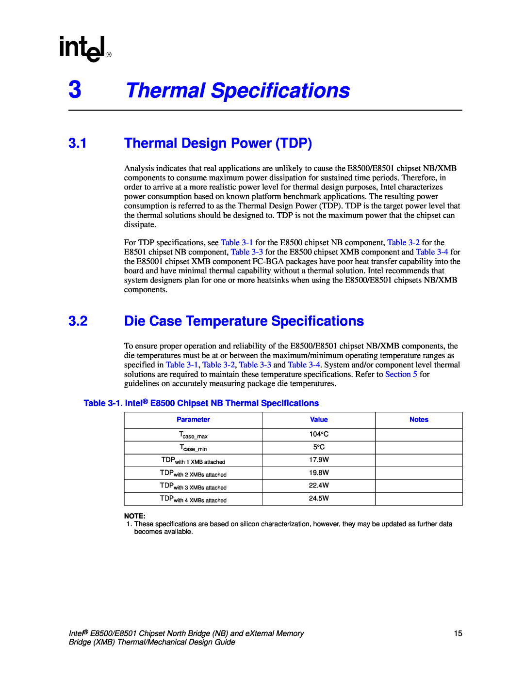 Intel E8501 manual 3Thermal Specifications, 3.1Thermal Design Power TDP, 3.2Die Case Temperature Specifications 
