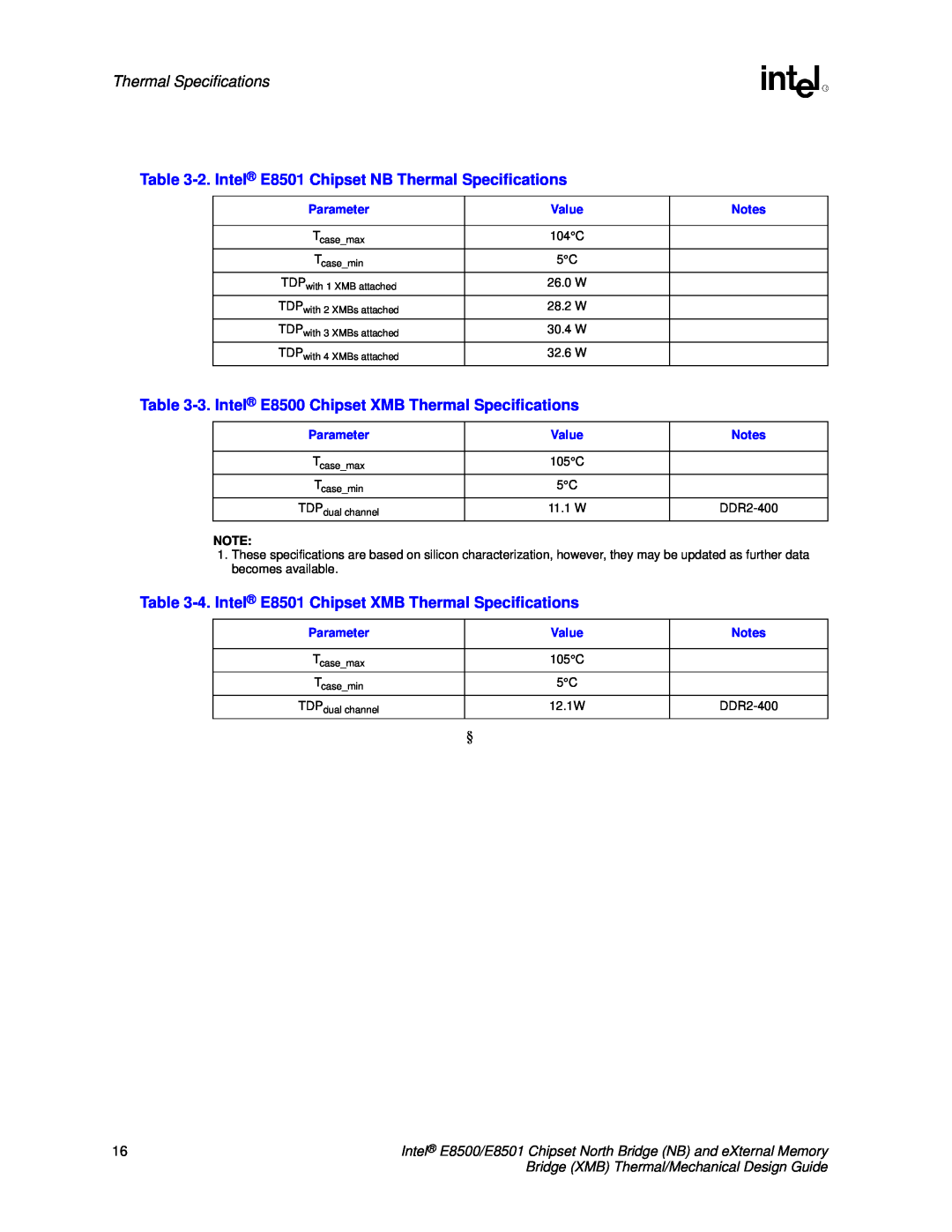 Intel E8501 manual Thermal Specifications 