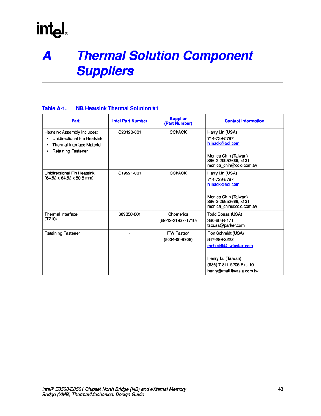 Intel E8501 manual AThermal Solution Component Suppliers, Bridge XMB Thermal/Mechanical Design Guide, Intel Part Number 