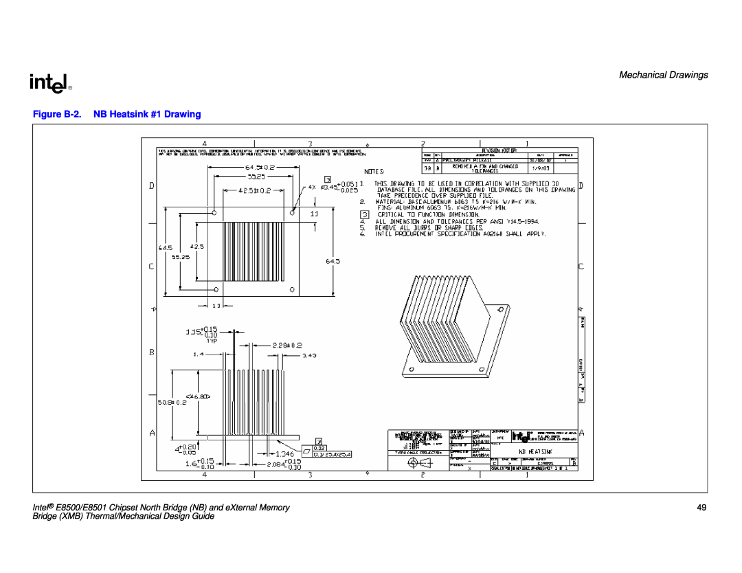 Intel E8501 manual Mechanical Drawings, Figure B-2.NB Heatsink #1 Drawing, Bridge XMB Thermal/Mechanical Design Guide 