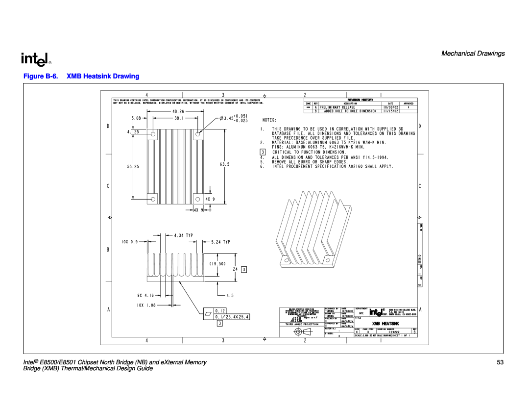 Intel E8501 manual Mechanical Drawings, Figure B-6.XMB Heatsink Drawing, Bridge XMB Thermal/Mechanical Design Guide 