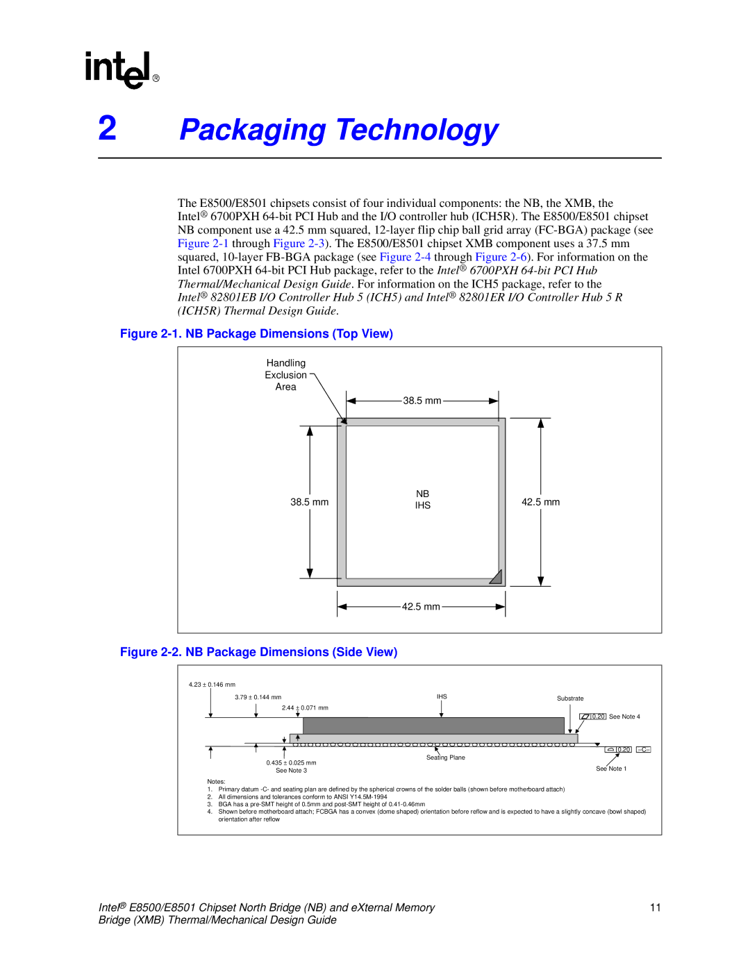 Intel E8501 manual Packaging Technology, NB Package Dimensions Top View 