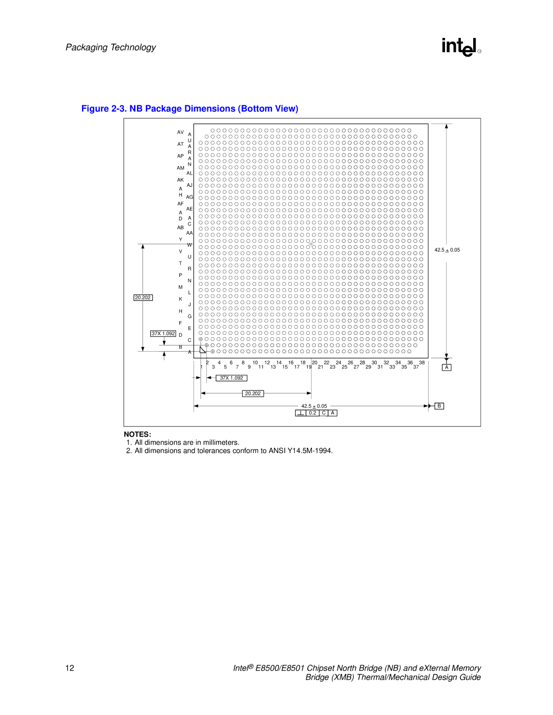 Intel E8501 manual NB Package Dimensions Bottom View 