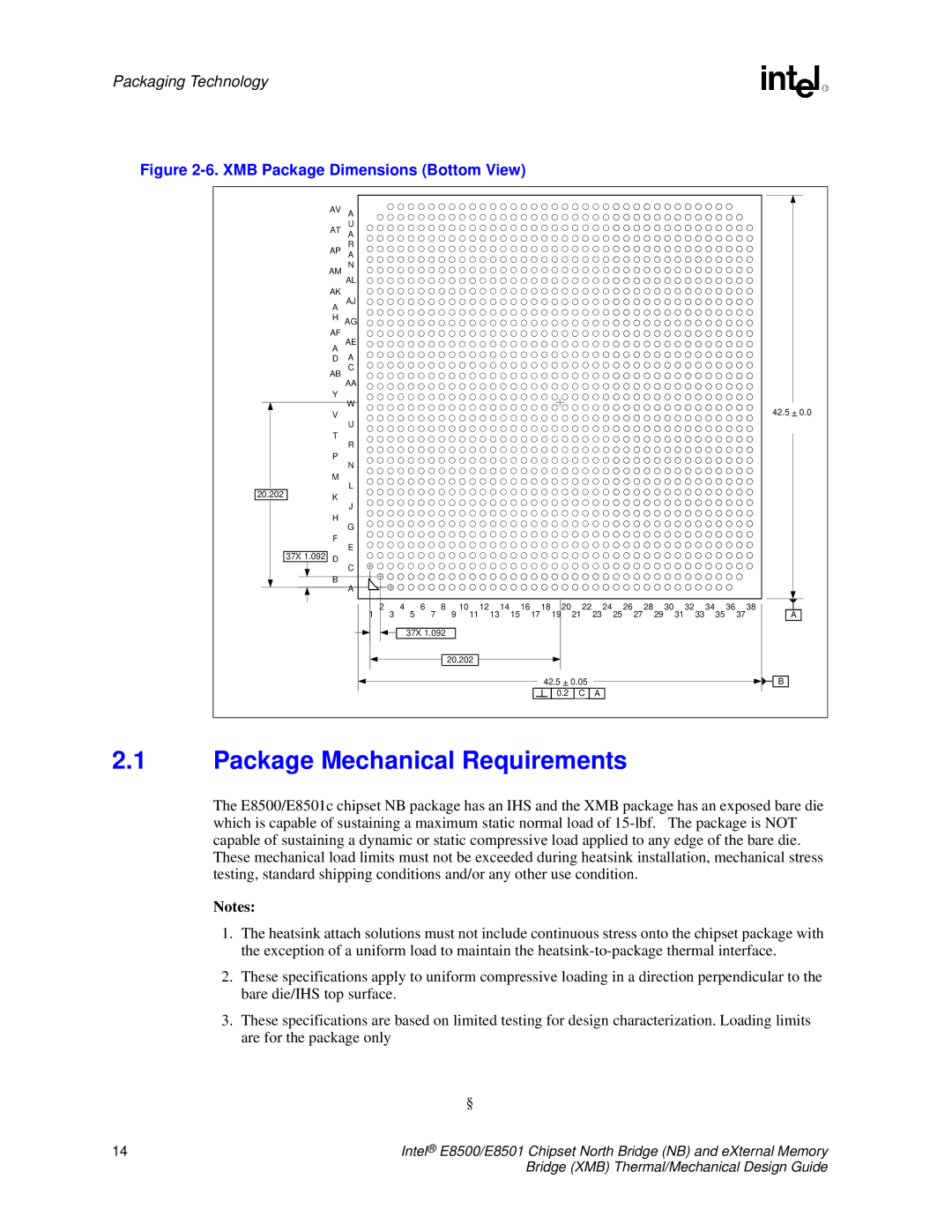 Intel E8501 manual Package Mechanical Requirements, XMB Package Dimensions Bottom View 