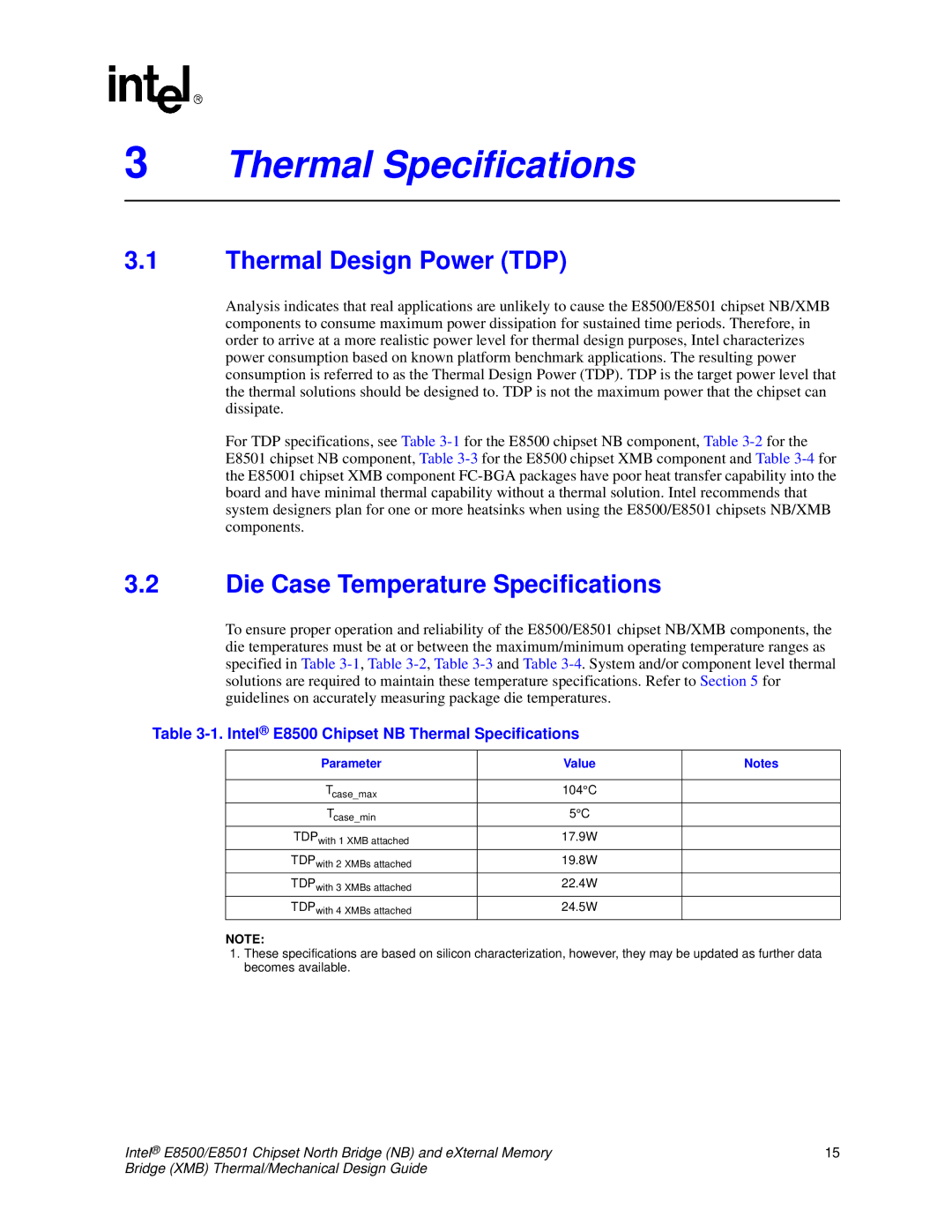 Intel E8501 manual Thermal Specifications, Thermal Design Power TDP, Die Case Temperature Specifications 