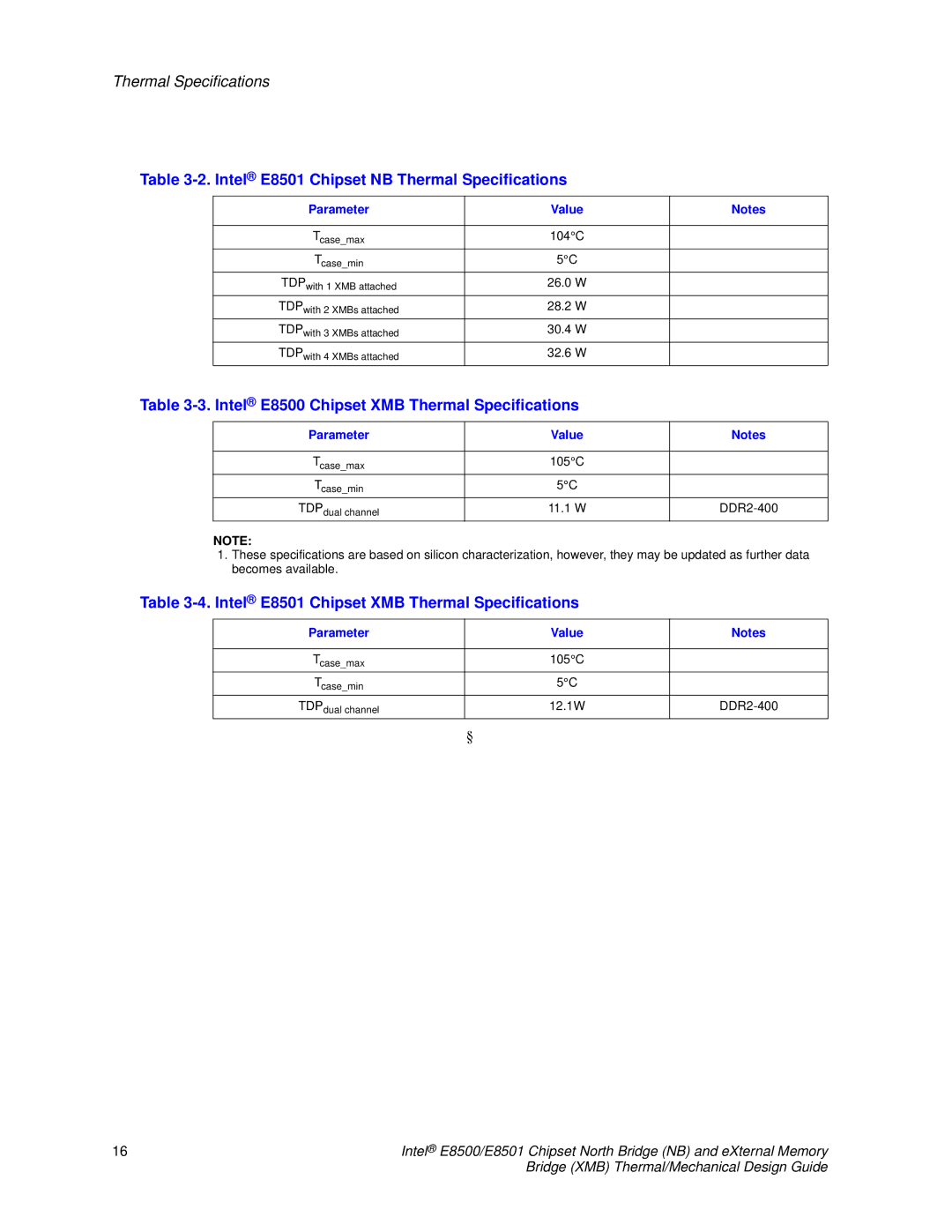 Intel manual Intel E8501 Chipset NB Thermal Specifications, Intel E8500 Chipset XMB Thermal Specifications 