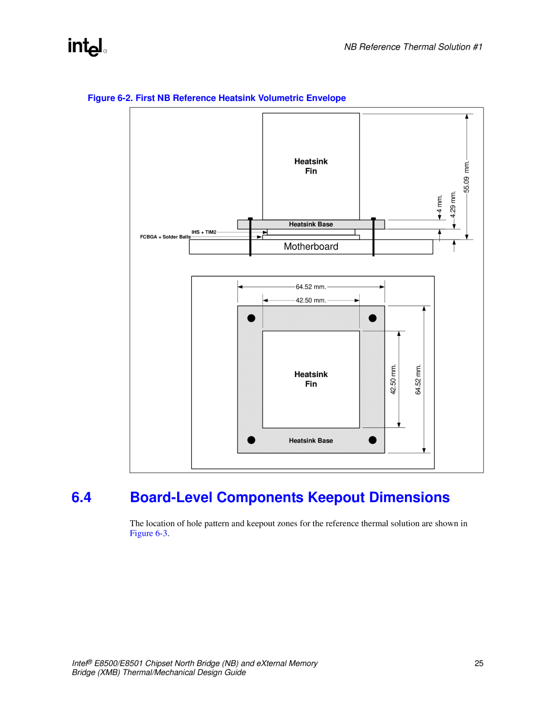 Intel E8501 manual Board-Level Components Keepout Dimensions, First NB Reference Heatsink Volumetric Envelope 