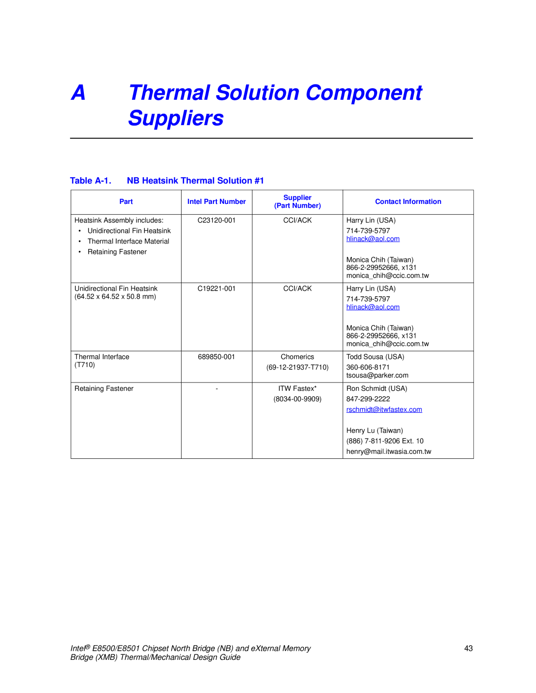 Intel E8501 manual Thermal Solution Component Suppliers, Table A-1 NB Heatsink Thermal Solution #1 