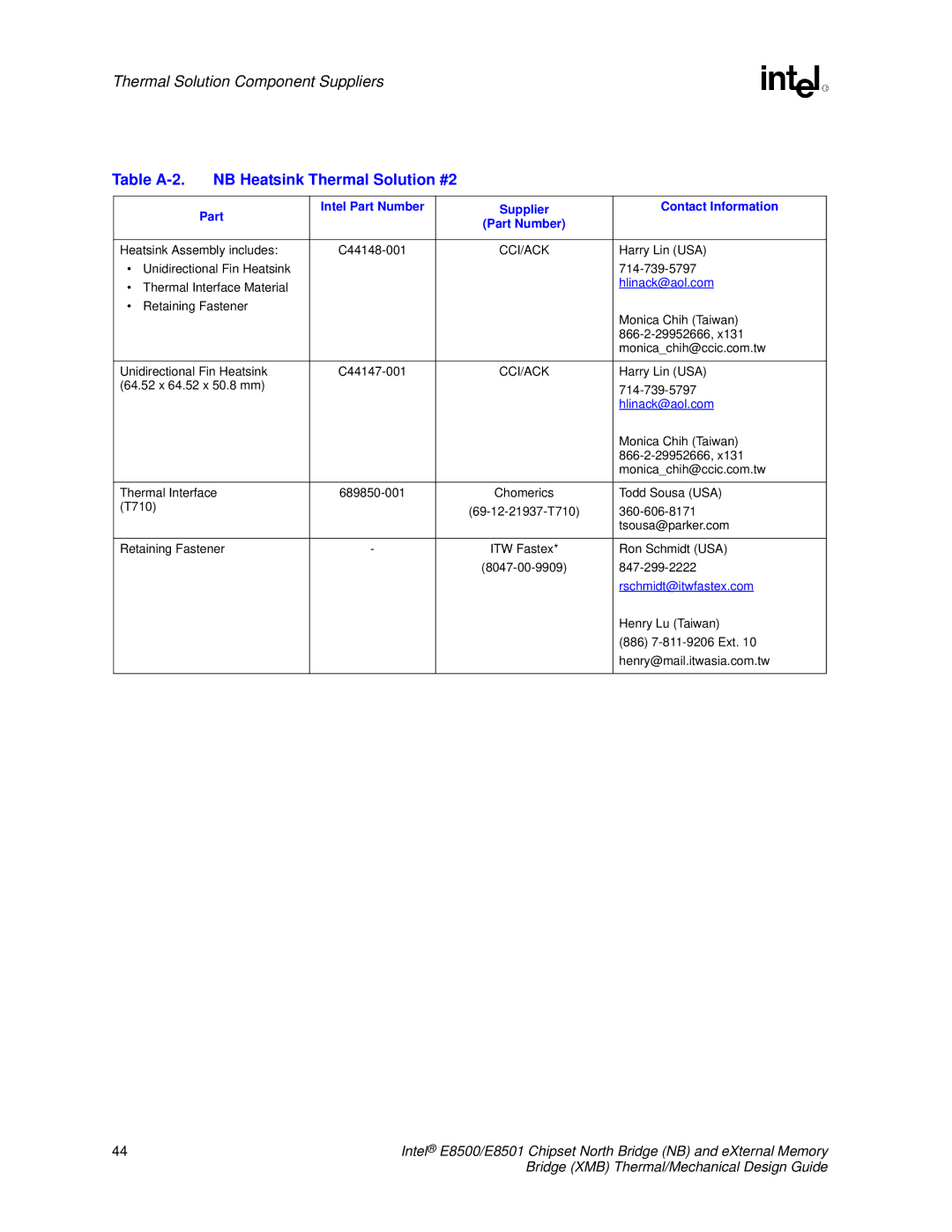 Intel E8501 manual Table A-2 NB Heatsink Thermal Solution #2 