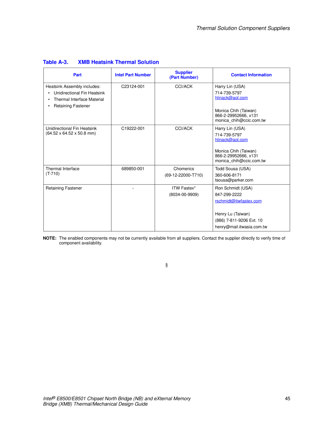 Intel E8501 manual Table A-3 XMB Heatsink Thermal Solution 