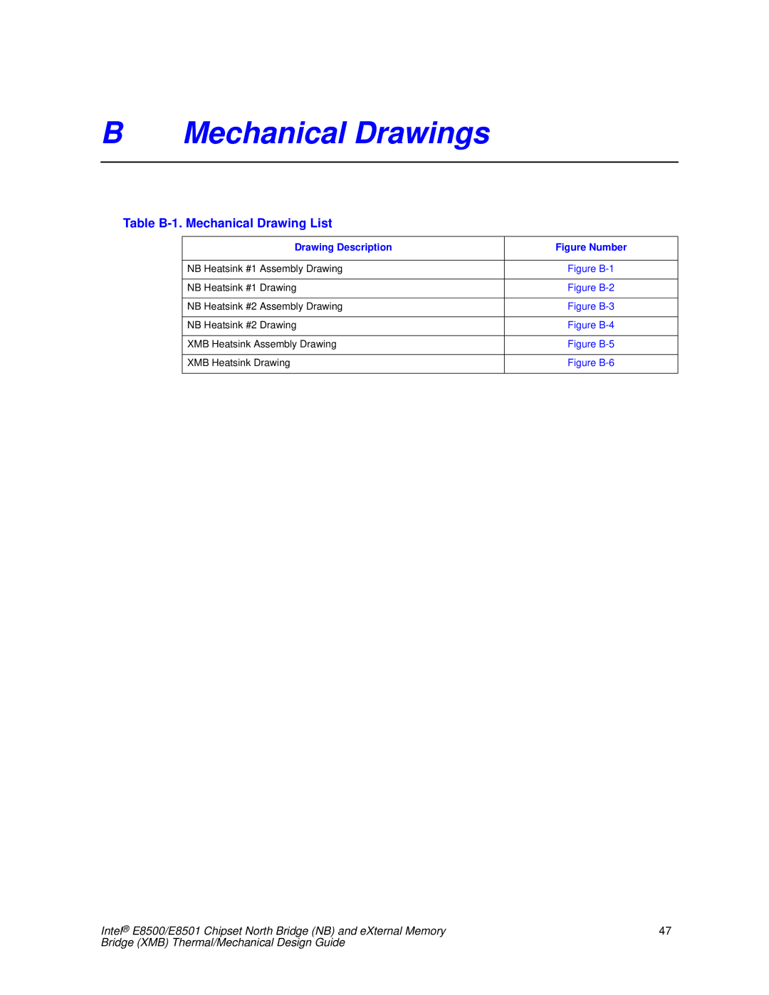 Intel E8501 manual Mechanical Drawings, Table B-1. Mechanical Drawing List 