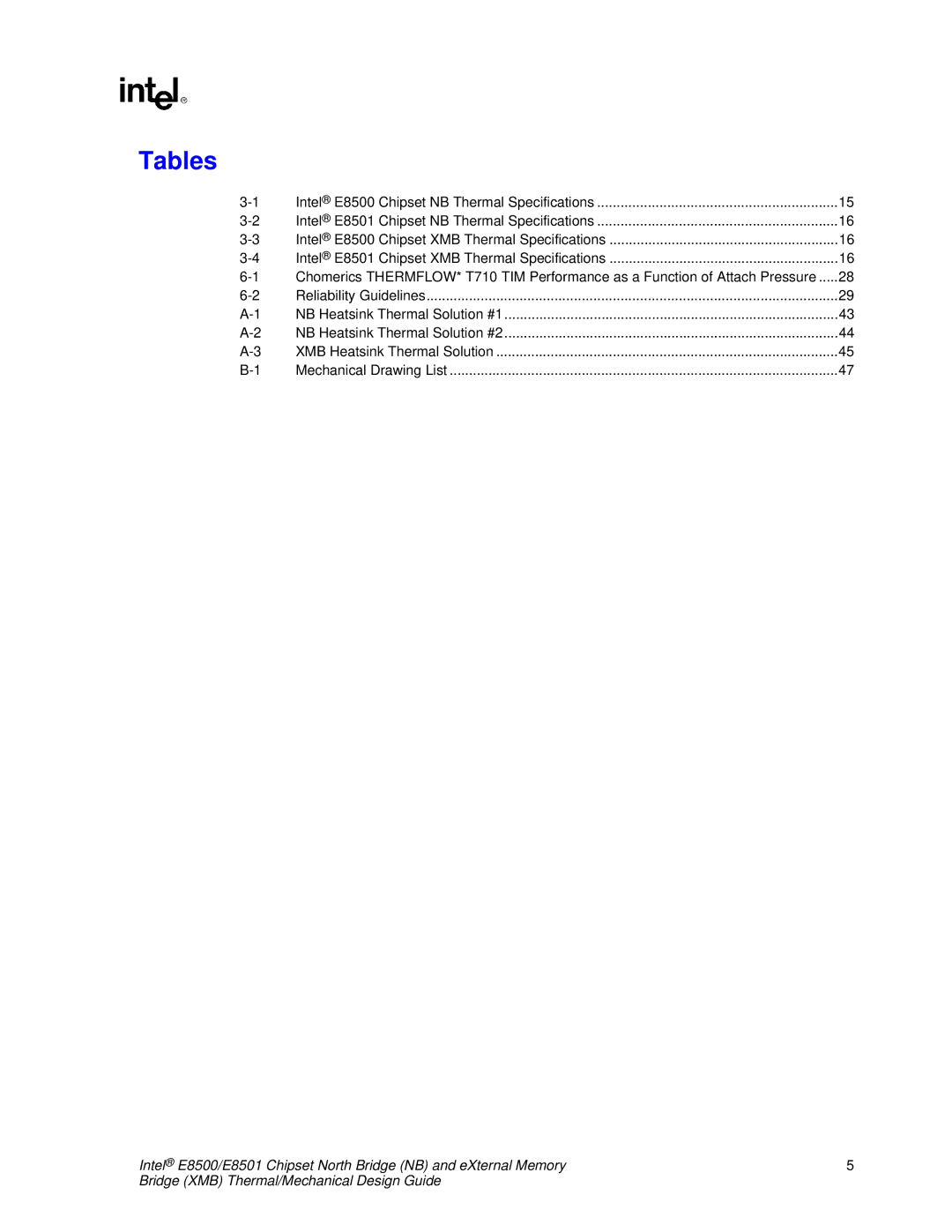 Intel E8501 manual Tables 