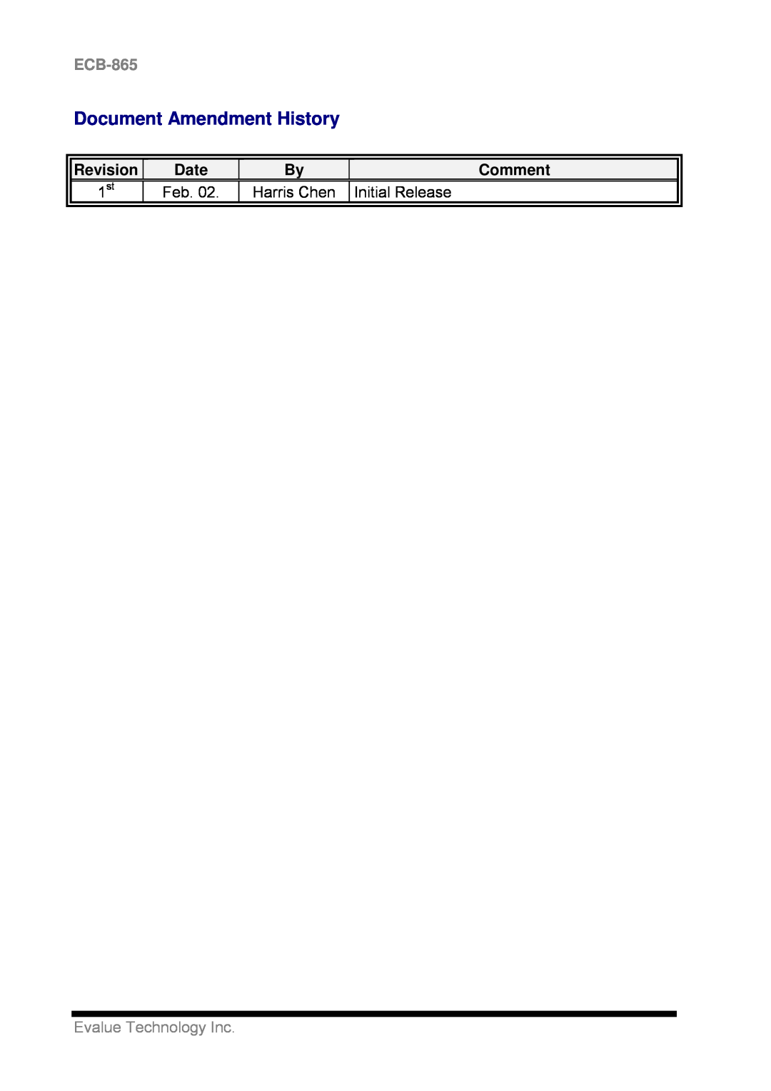 Intel ECB-865 user manual Document Amendment History, Revision, Date, Comment, Feb, Harris Chen, Initial Release 