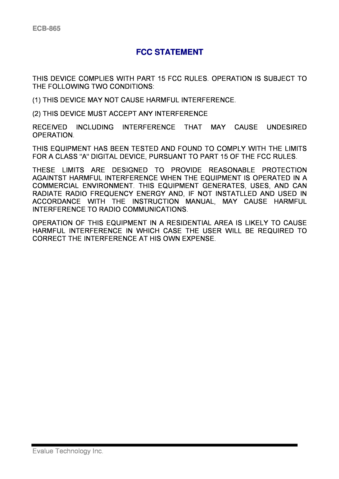 Intel ECB-865 user manual Fcc Statement, Evalue Technology Inc 