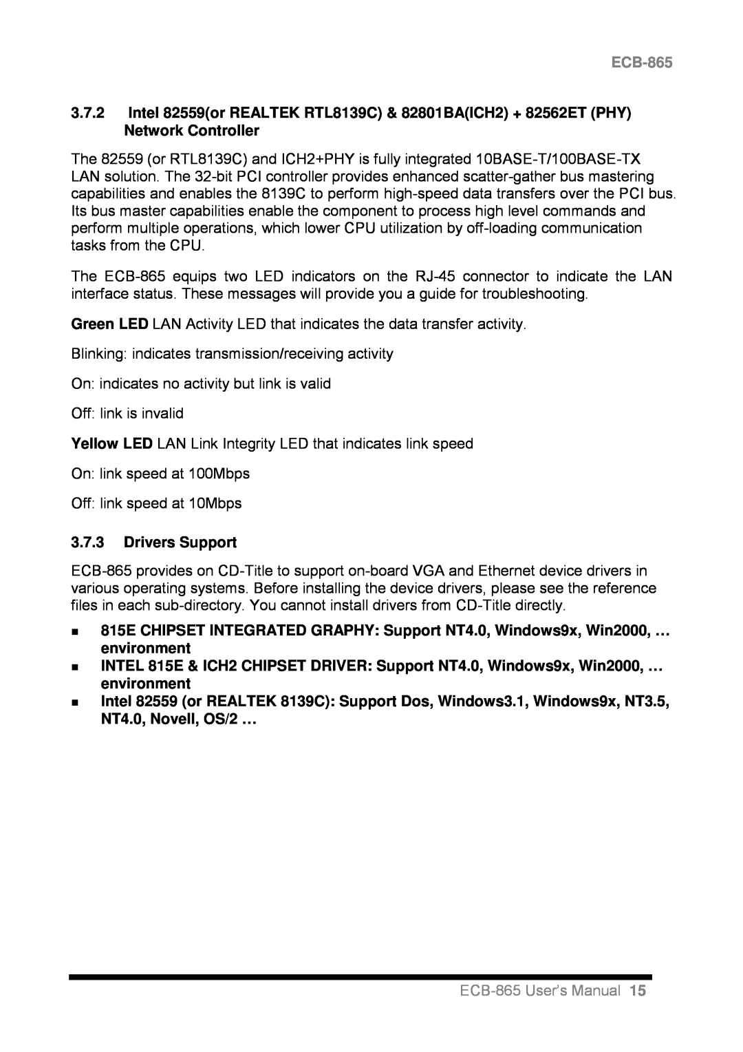 Intel user manual 3.7.3Drivers Support, ECB-865User’s Manual 