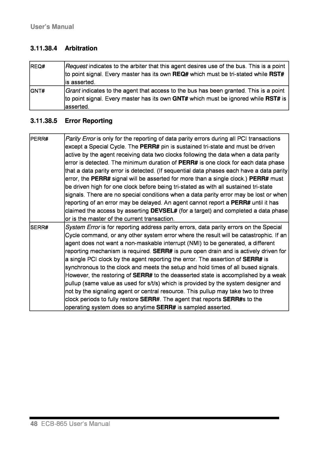 Intel user manual 3.11.38.4Arbitration, 3.11.38.5Error Reporting, 48ECB-865User’s Manual 
