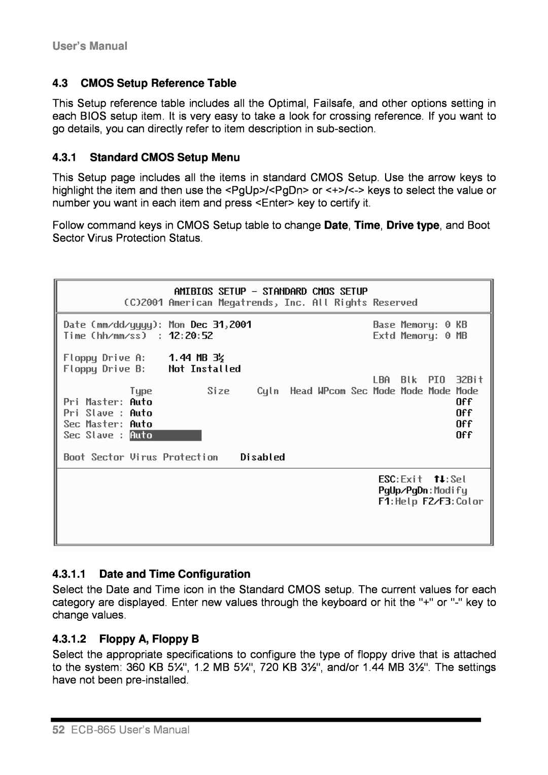 Intel ECB-865 user manual 4.3CMOS Setup Reference Table, 4.3.1Standard CMOS Setup Menu, 4.3.1.1Date and Time Configuration 