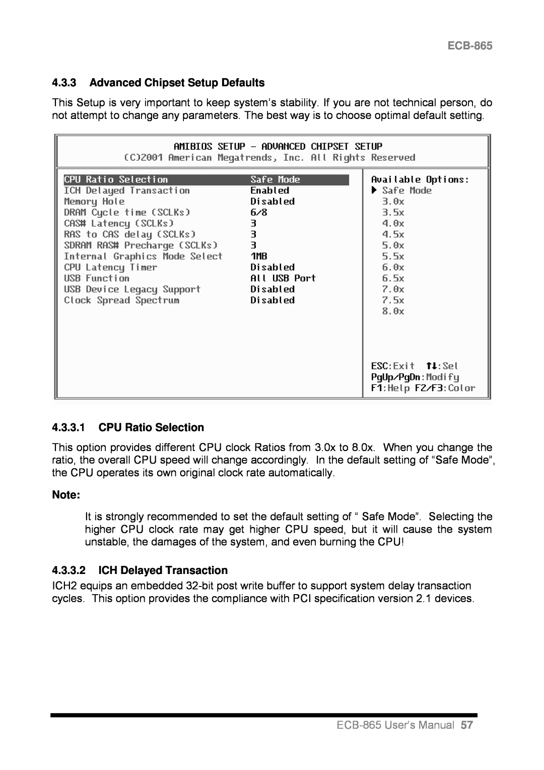 Intel ECB-865 user manual 4.3.3Advanced Chipset Setup Defaults, 4.3.3.1CPU Ratio Selection, 4.3.3.2ICH Delayed Transaction 