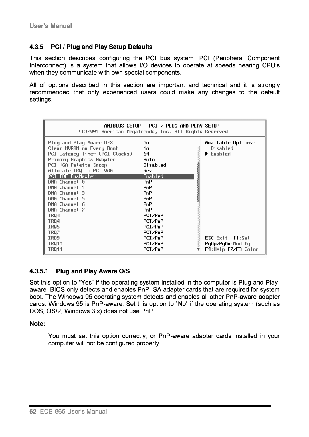 Intel user manual 4.3.5PCI / Plug and Play Setup Defaults, 4.3.5.1Plug and Play Aware O/S, 62ECB-865User’s Manual 
