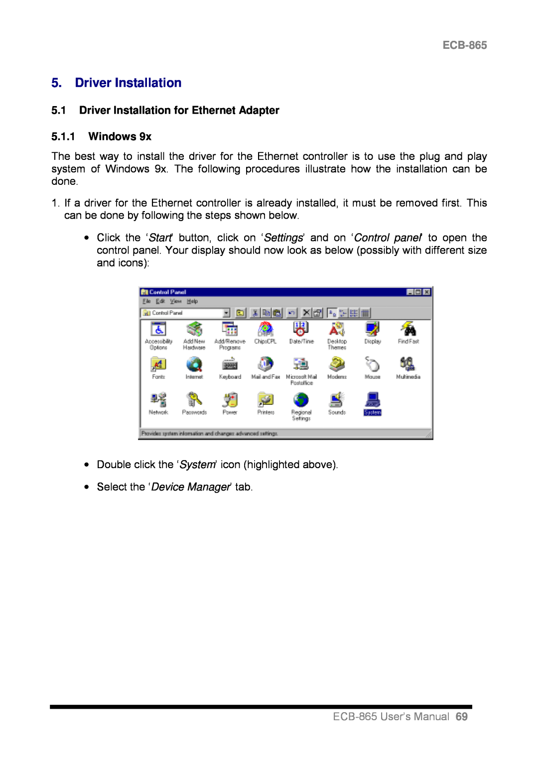 Intel user manual 5.1Driver Installation for Ethernet Adapter, 5.1.1Windows, ECB-865User’s Manual 