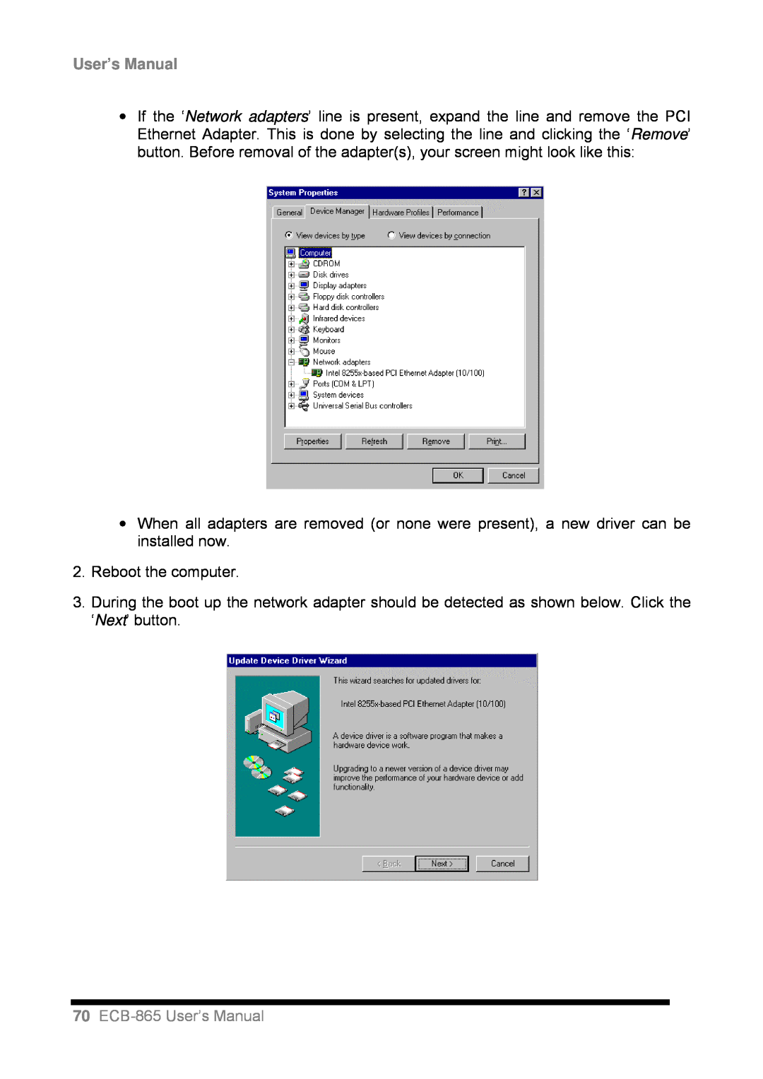Intel user manual 70ECB-865User’s Manual, Reboot the computer 