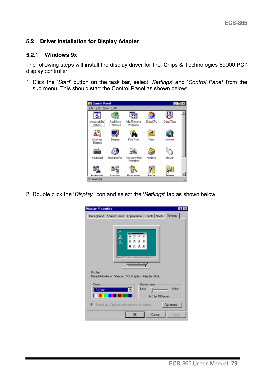 Intel user manual 5.2Driver Installation for Display Adapter, 5.2.1Windows, ECB-865User’s Manual 