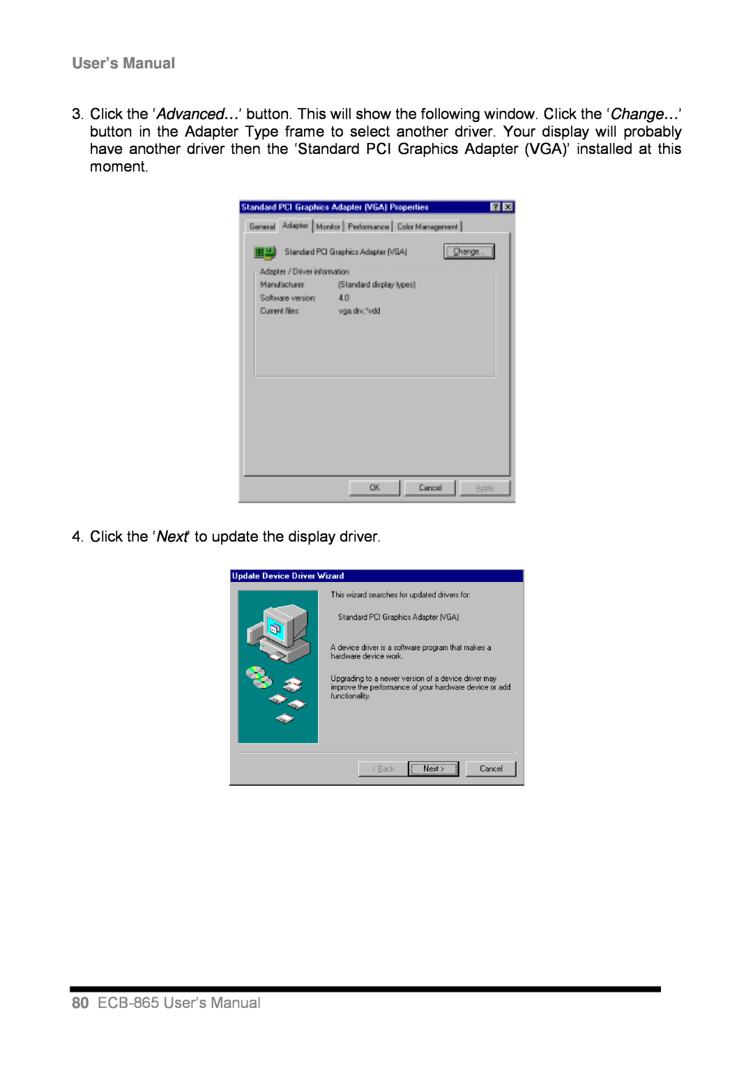 Intel user manual 80ECB-865User’s Manual, Click the ‘Next’ to update the display driver 