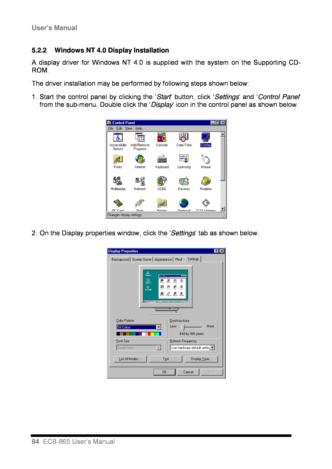 Intel user manual 5.2.2Windows NT 4.0 Display Installation, 84ECB-865User’s Manual 