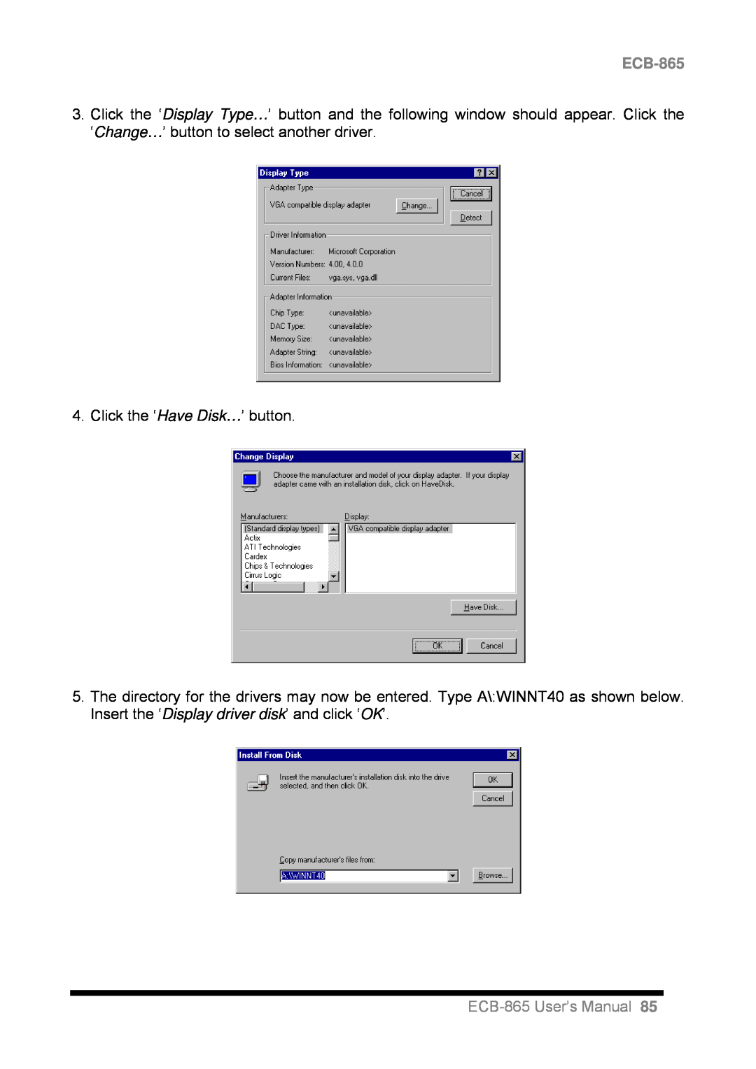 Intel user manual Click the ‘Have Disk…’ button, ECB-865User’s Manual 