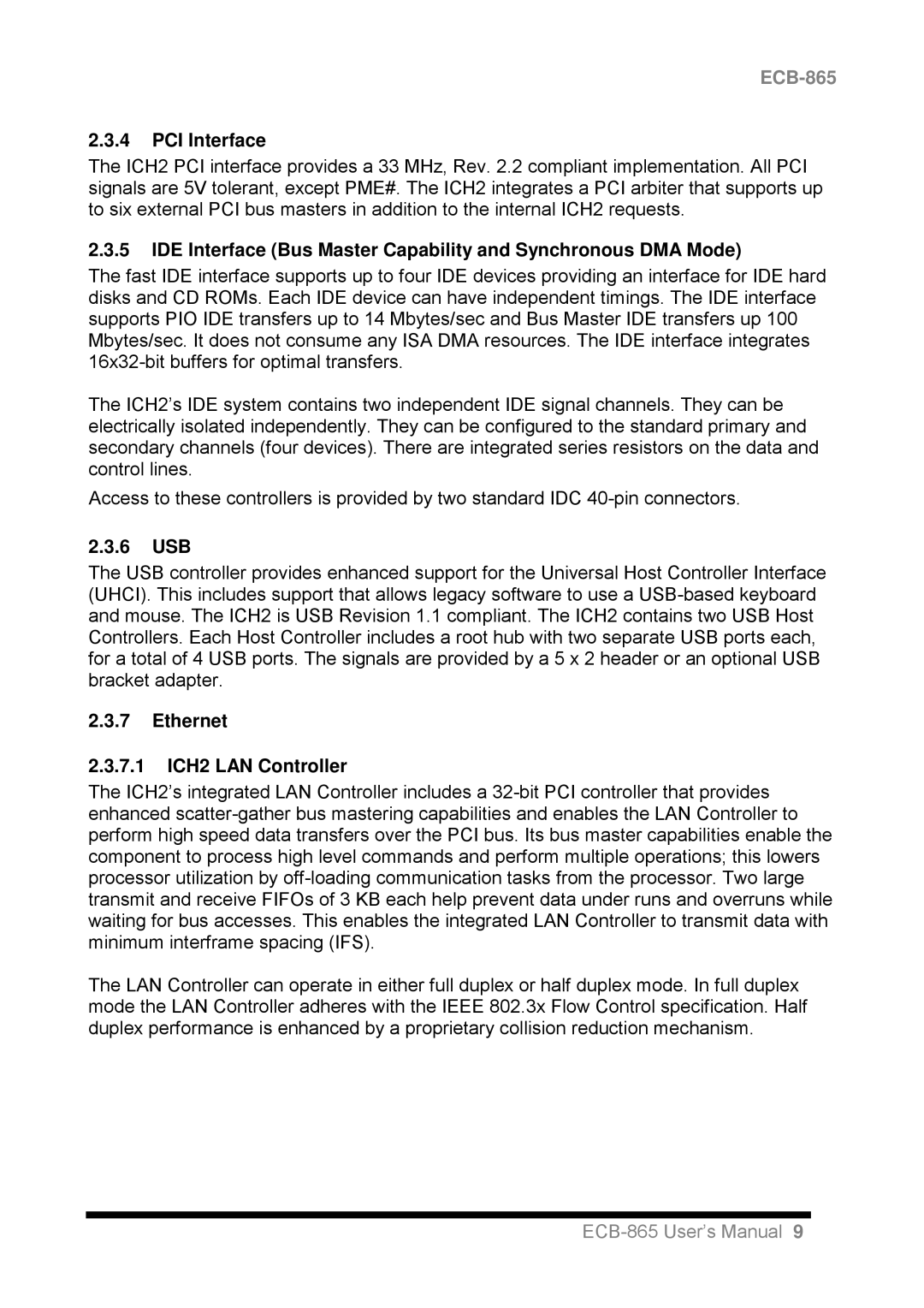 Intel ECB-865 user manual PCI Interface, 6 USB, Ethernet 7.1 ICH2 LAN Controller 