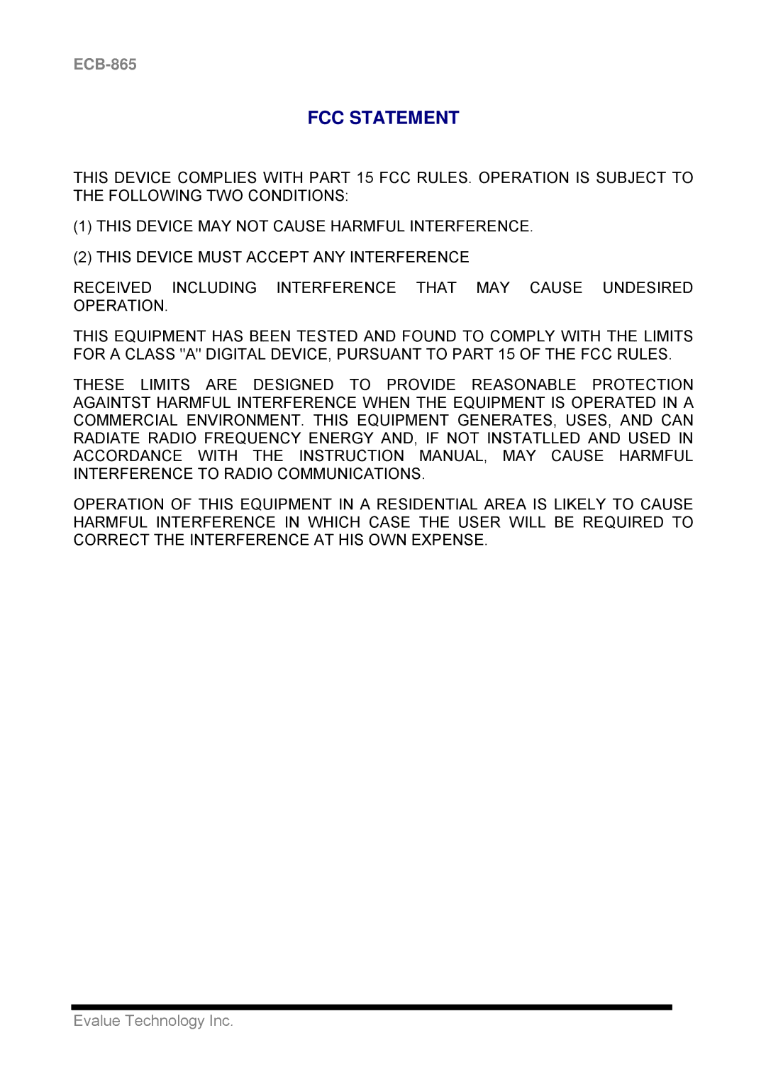 Intel ECB-865 user manual FCC Statement 