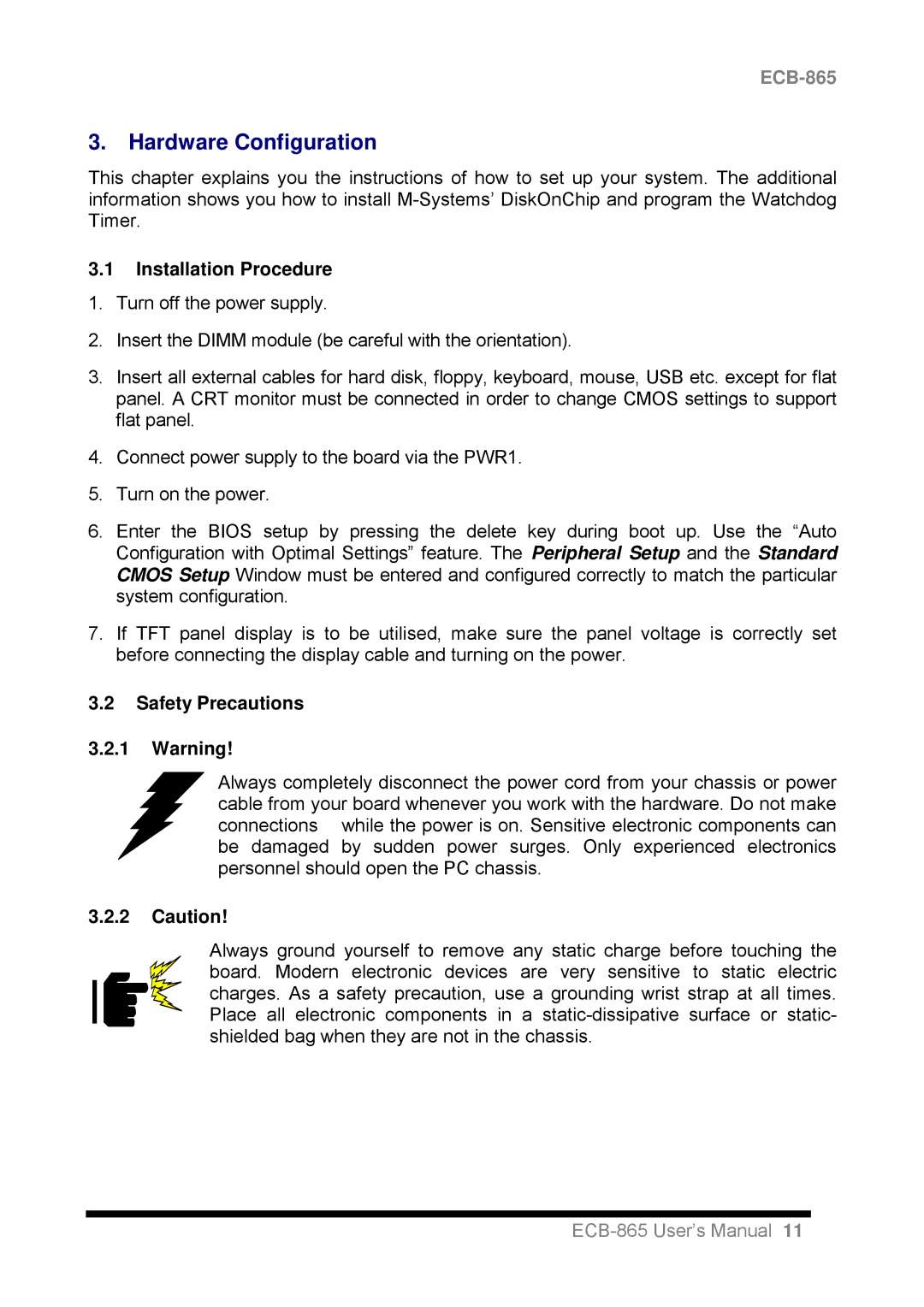 Intel ECB-865 user manual Hardware Configuration, Installation Procedure, Safety Precautions 