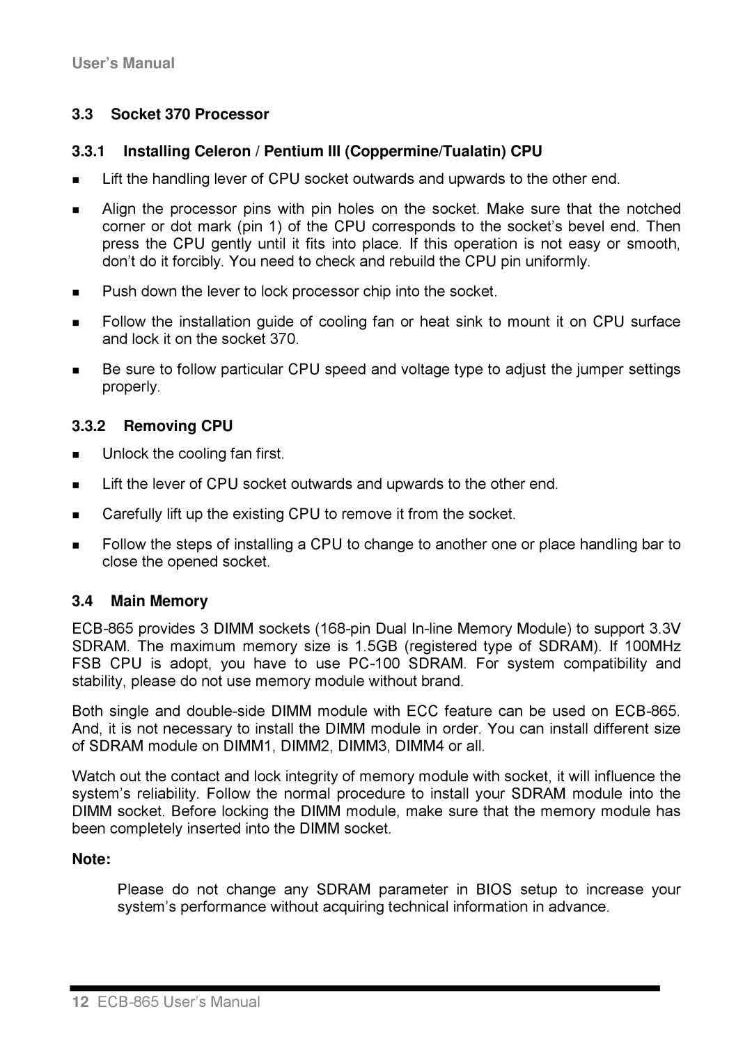 Intel ECB-865 user manual Removing CPU, Main Memory 