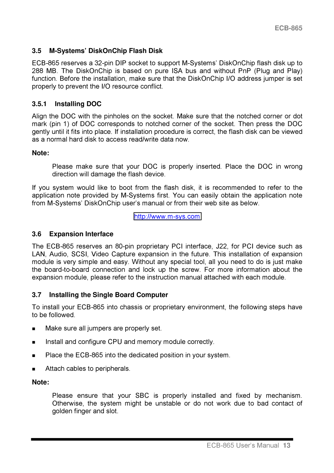Intel ECB-865 Systems’ DiskOnChip Flash Disk, Installing DOC, Expansion Interface Installing the Single Board Computer 