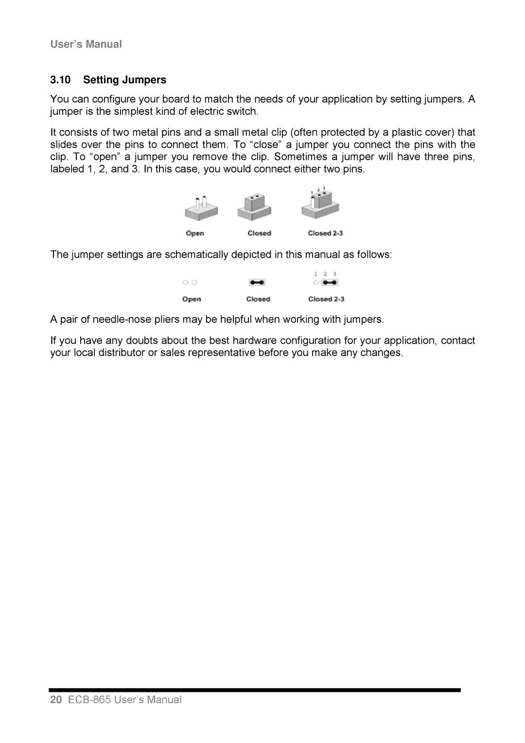 Intel ECB-865 user manual Setting Jumpers 