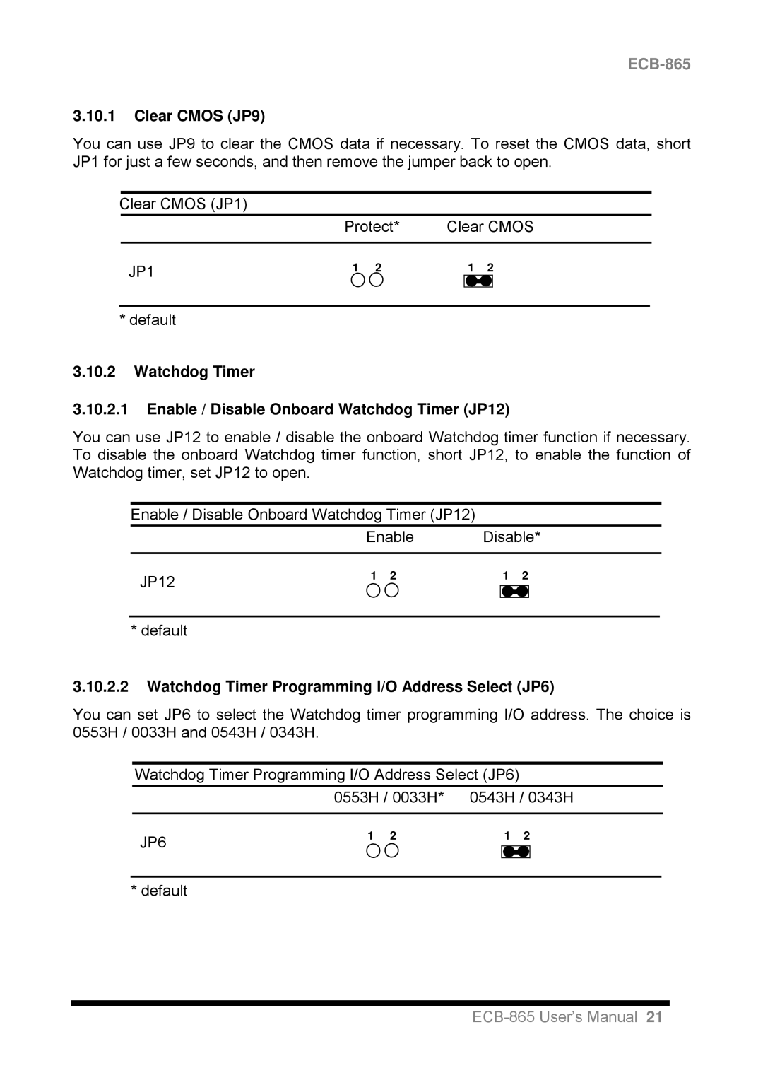 Intel ECB-865 Clear Cmos JP9, Watchdog Timer Enable / Disable Onboard Watchdog Timer JP12, 0553H / 0033H 0543H / 0343H 