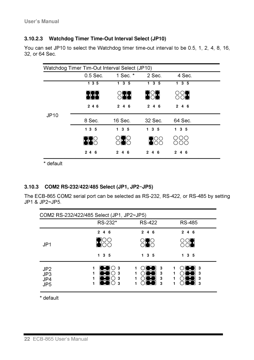 Intel ECB-865 user manual Watchdog Timer Time-Out Interval Select JP10, JP10 16 Sec 32 Sec 64 Sec 