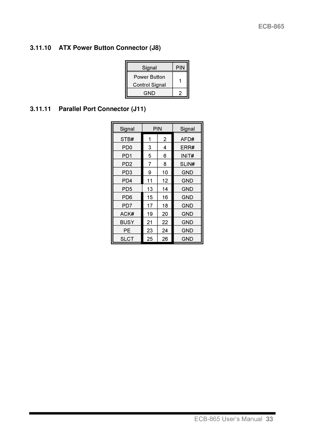 Intel ECB-865 user manual ATX Power Button Connector J8, Parallel Port Connector J11 