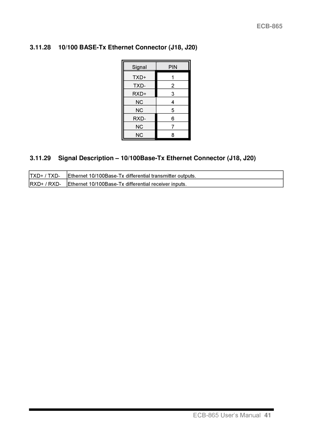 Intel ECB-865 user manual 11.28 10/100 BASE-Tx Ethernet Connector J18, J20 