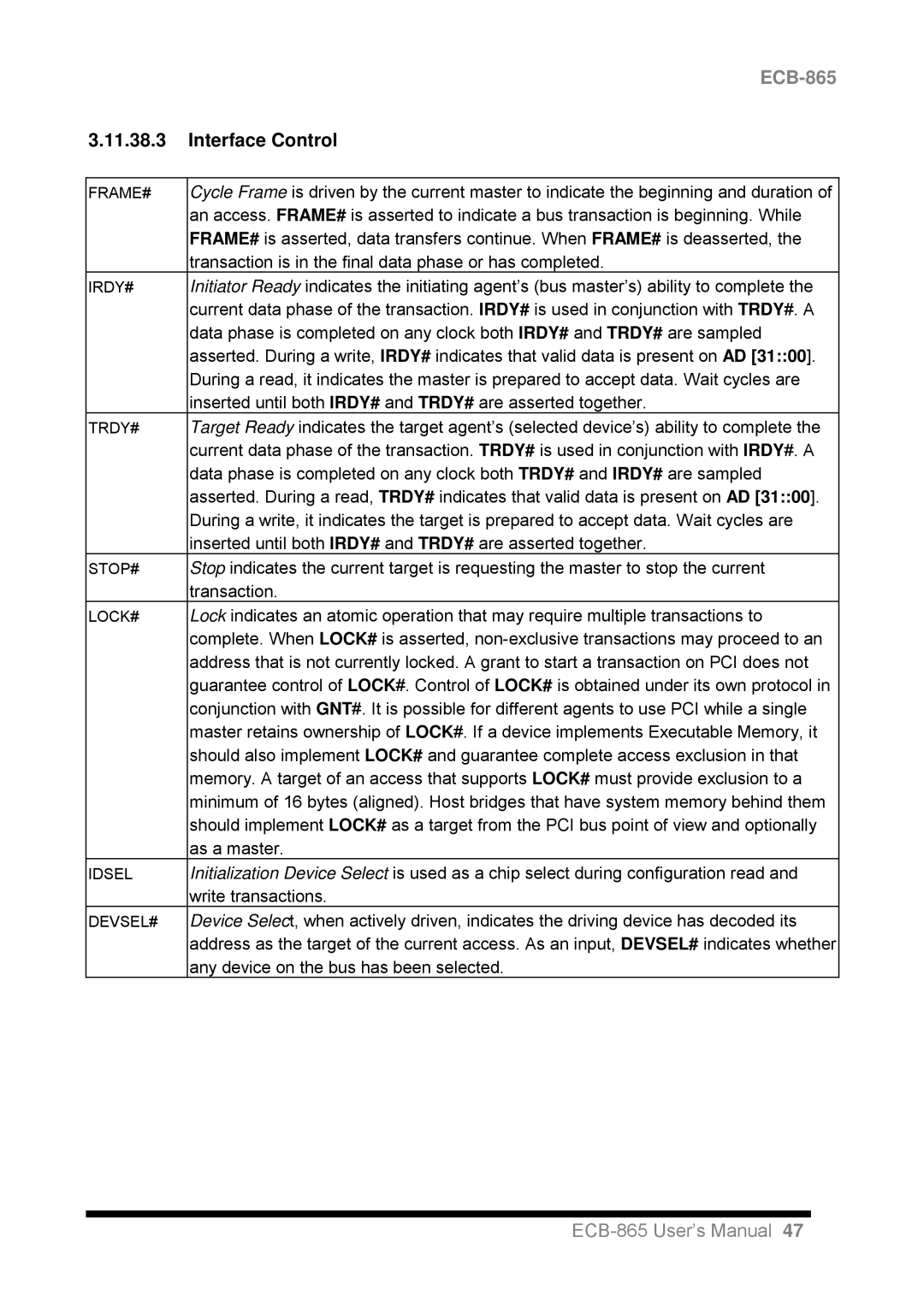 Intel ECB-865 user manual Interface Control 