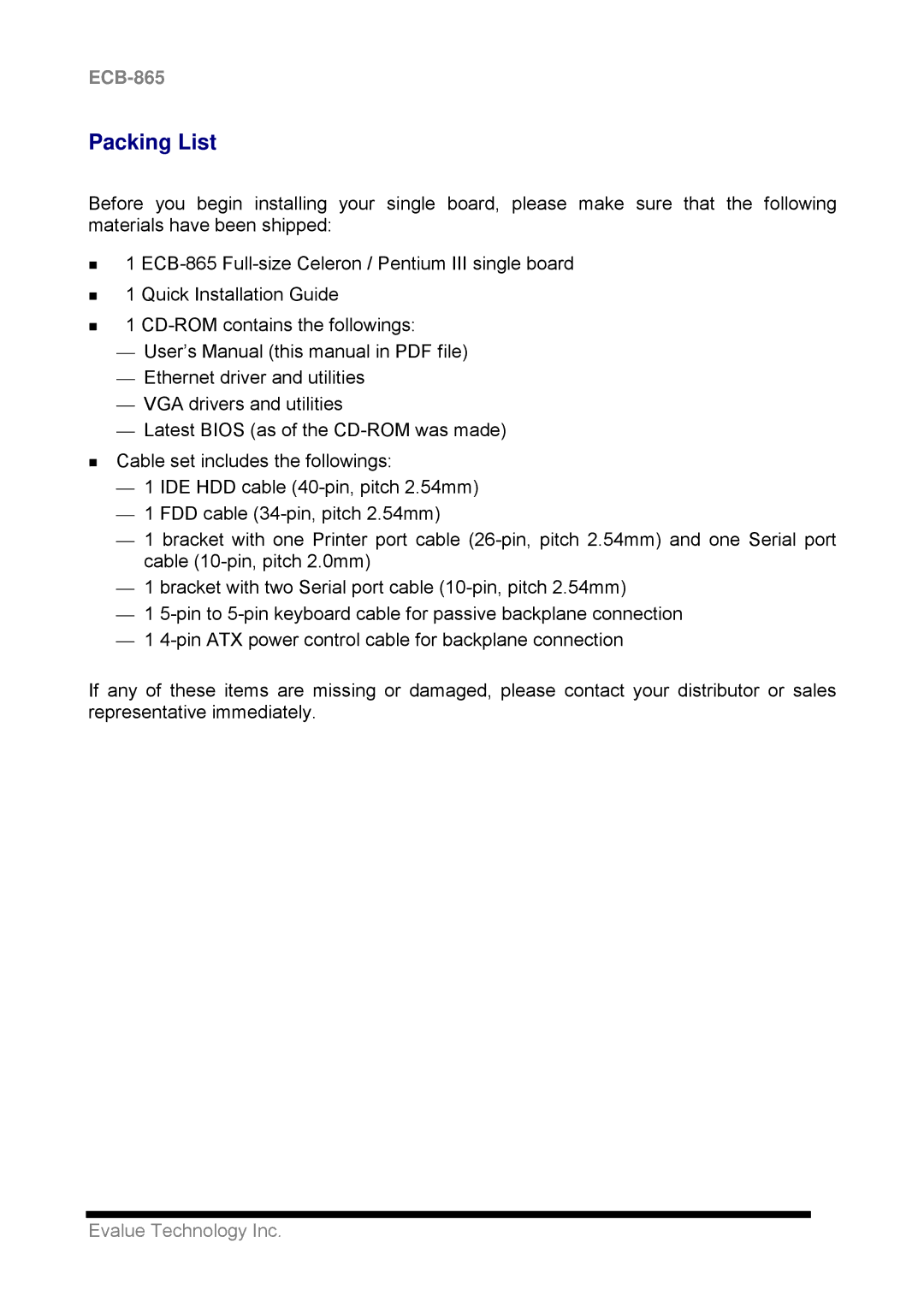 Intel ECB-865 user manual Packing List 