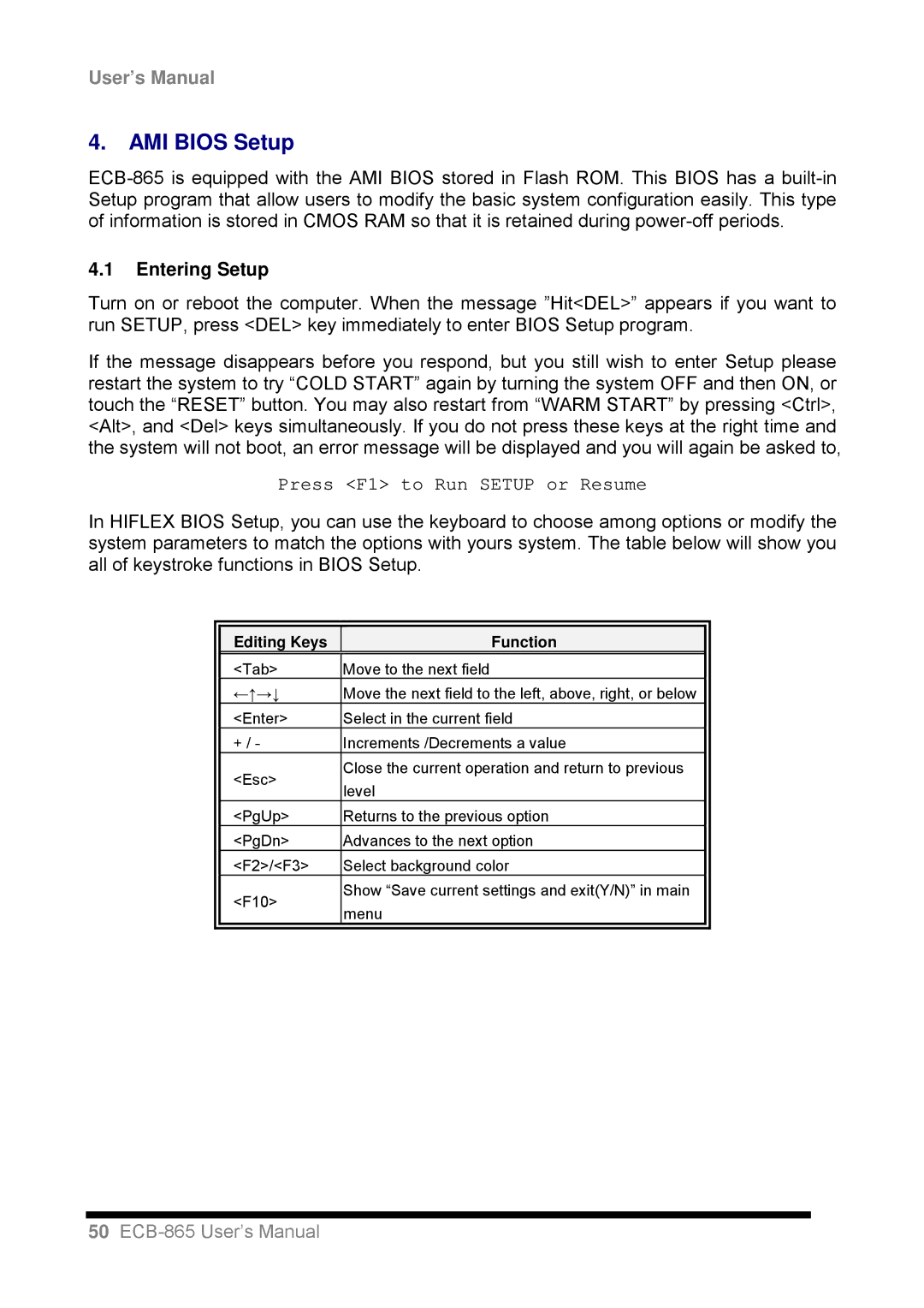 Intel ECB-865 user manual AMI Bios Setup, Press F1 to Run Setup or Resume 